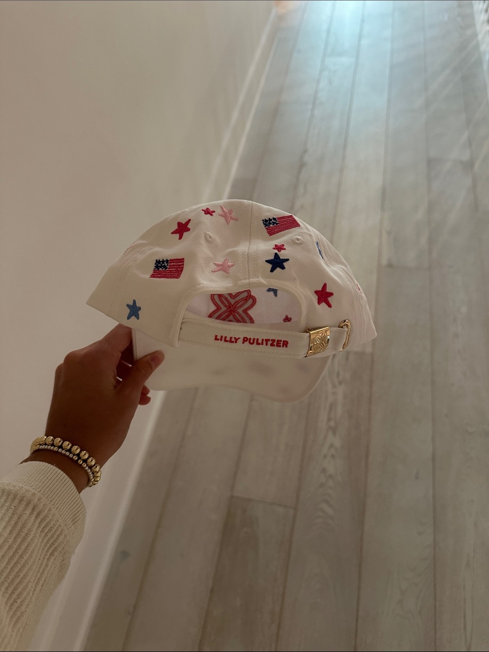 Lilly Pulitzer White Cap with Red, Blue & Pink Stars and Flag Embroidery - Picture 2 of 2